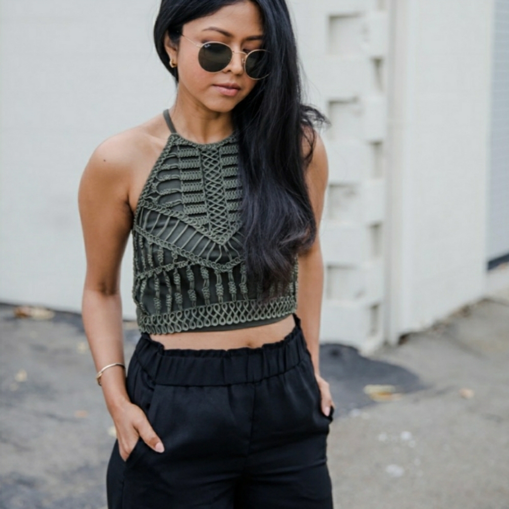Cropped Olive Woven Boho Top